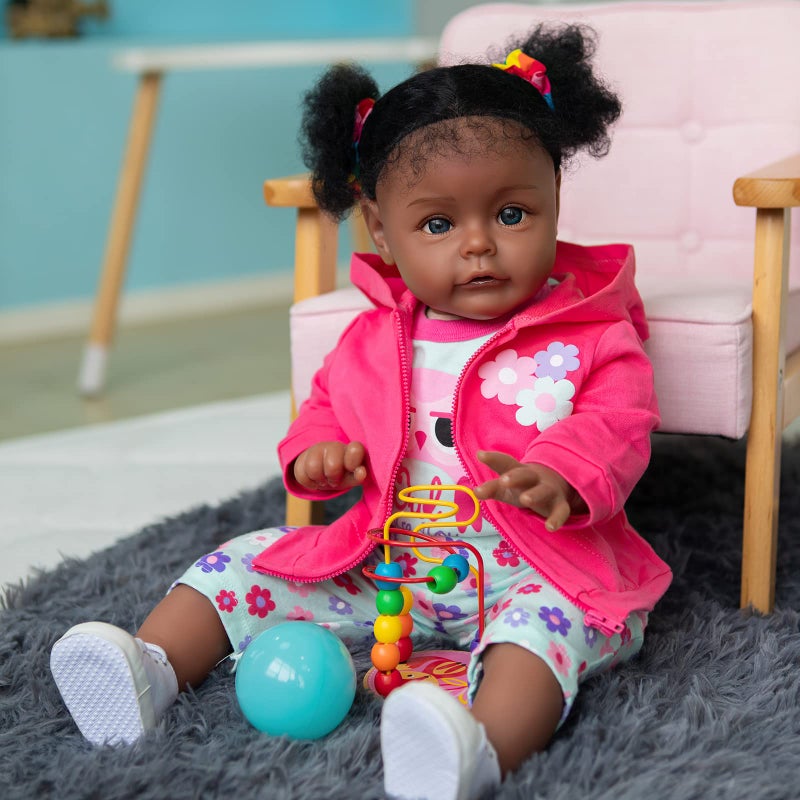 TERABITHIA 24 Inch Huge Size Rooted Curly Hair Lifelike African American Newborn Toddler Girl Dolls with Soft Cloth BodyDark Brown Skin Realistic Reborn Baby Doll Child Birthday Gift Set - Image 2