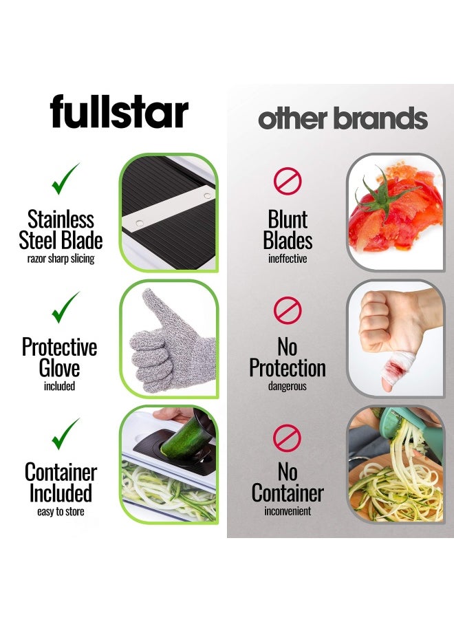 Fullstar Mandoline Slicer for Kitchen Fruit Cutter Cheese Grater Cucumber Slicer Veggie Spiralizer Food Cutter  Kitchen Gadgets with Safety Glove 6 in 1 White
