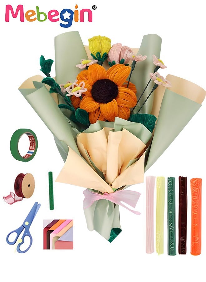 MEBEGIN DIY Flower Bouquet Kit with Rich Accessaries, Sunflower Blossoms Bouquet Making Kit with 10 Flower Poles in 5 Colors, Chenille Stems Flower Craft Supplies, Fuzzy Sticks Crafting Materials, Arts and Crafts for DIY, Ideal Gift for Friends and Families  - Image 1