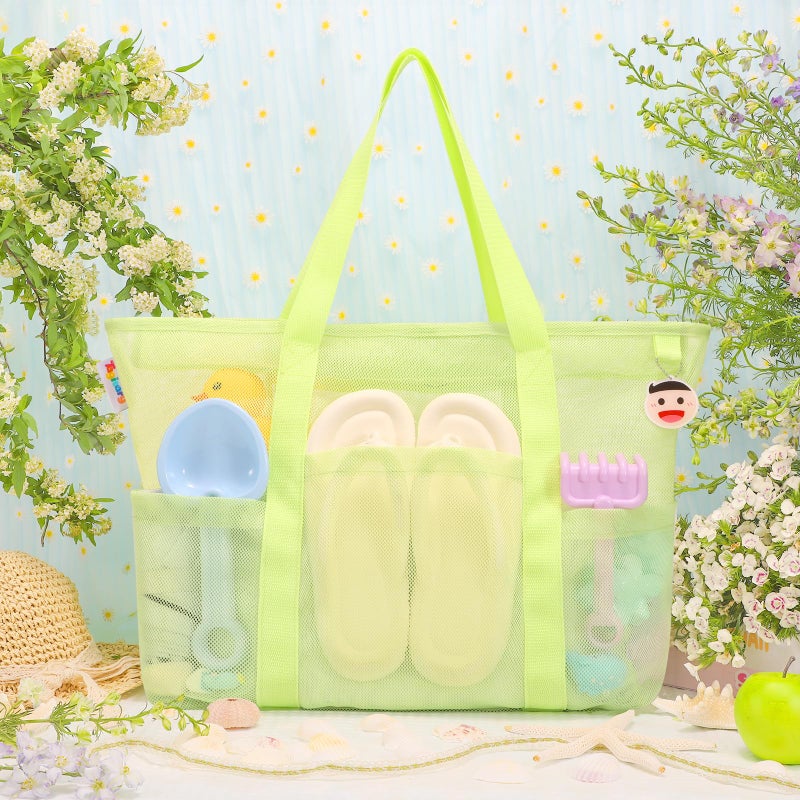 Tagitary Mesh Beach Bag with Zipper, Green Large Beach Tote Waterproof Sandproof with 8 Pockets for Storage Swim Pool Bag Accessories for Vacation Sports Camping Picnic Travel - Image 3