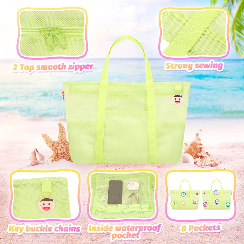 Tagitary Mesh Beach Bag with Zipper, Green Large Beach Tote Waterproof Sandproof with 8 Pockets for Storage Swim Pool Bag Accessories for Vacation Sports Camping Picnic Travel - Image 5
