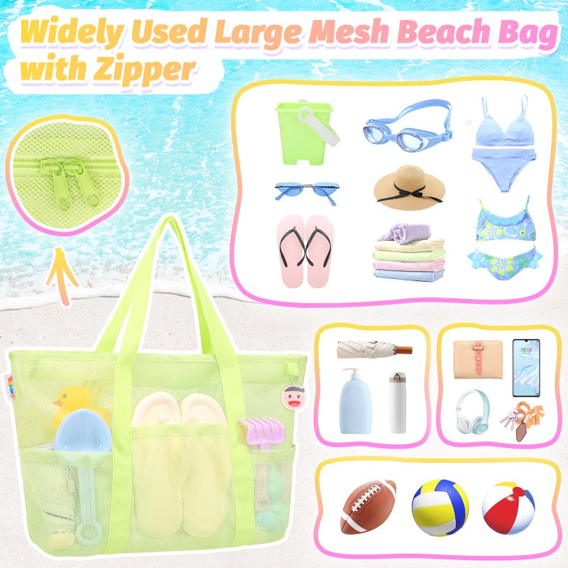 Tagitary Mesh Beach Bag with Zipper, Green Large Beach Tote Waterproof Sandproof with 8 Pockets for Storage Swim Pool Bag Accessories for Vacation Sports Camping Picnic Travel - Image 4