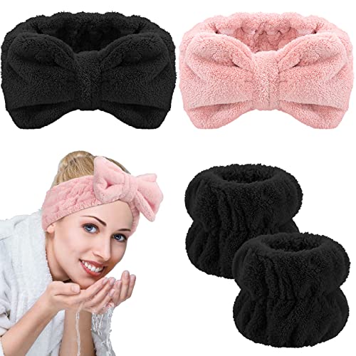 Chuangdi 4 Pcs Microfiber Headband Spa Wristbands and Wrist Bands for Washing Face Cuffs Towel Wristbands Hair Headband Face Wash Cuffs for Women MakeupBlack Pink - Image 1