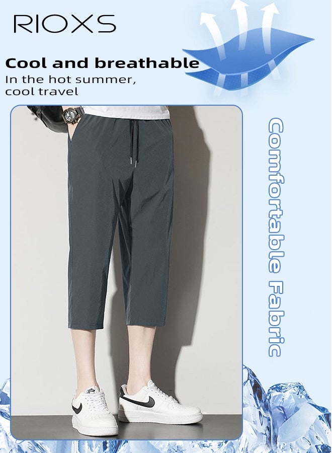 ريوكس بنطلون كابري 3/4 رجالي صيفي من الحرير المثلج، شورت رياضي رفيع وواسع، بنطلون خارجي سريع الجفاف ومسامي مع جيوب جانبية، شورت رمادي غير رسمي بخصر متوسط، بنطلون مضاد للعرق وسريع الجفاف، بنطلون رياضي مطاطي. - Image 3
