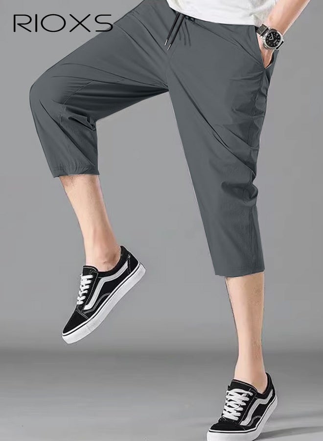Men's Summer Ice Silk 3/4 Pants Casual Thin Loose Sports Shorts Quick Dry Breathable Outdoor Trousers With Side Pockets, Mid-Rise Grey Casual Shorts, Anti-Sweat Quick-Dry Trousers, Stretchable Gym Lounge Pants