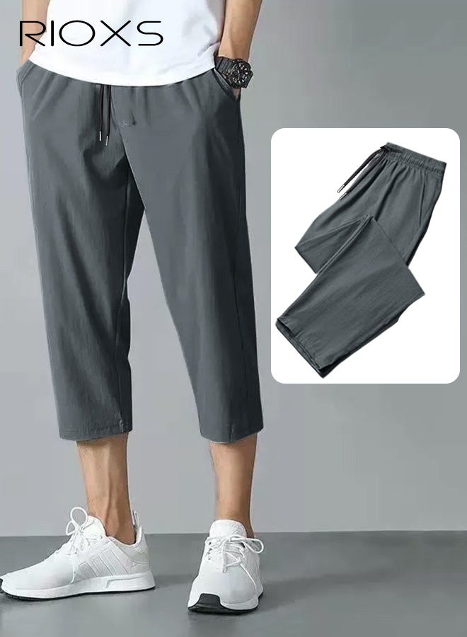 ريوكس بنطلون كابري 3/4 رجالي صيفي من الحرير المثلج، شورت رياضي رفيع وواسع، بنطلون خارجي سريع الجفاف ومسامي مع جيوب جانبية، شورت رمادي غير رسمي بخصر متوسط، بنطلون مضاد للعرق وسريع الجفاف، بنطلون رياضي مطاطي. - Image 4