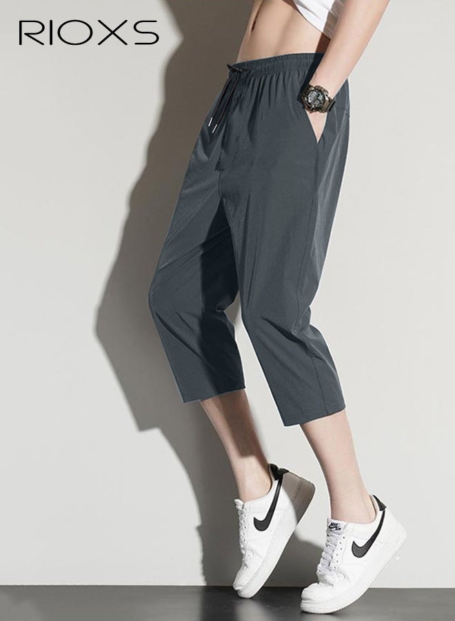 ريوكس بنطلون كابري 3/4 رجالي صيفي من الحرير المثلج، شورت رياضي رفيع وواسع، بنطلون خارجي سريع الجفاف ومسامي مع جيوب جانبية، شورت رمادي غير رسمي بخصر متوسط، بنطلون مضاد للعرق وسريع الجفاف، بنطلون رياضي مطاطي. - Image 5