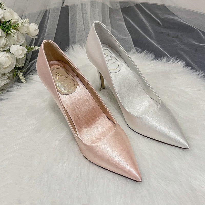 2026 New Style Bridesmaid Pointed Toe Shoes Stiletto Evening High Heels White Satin Bridal Shoes Wedding Shoes - Image 4