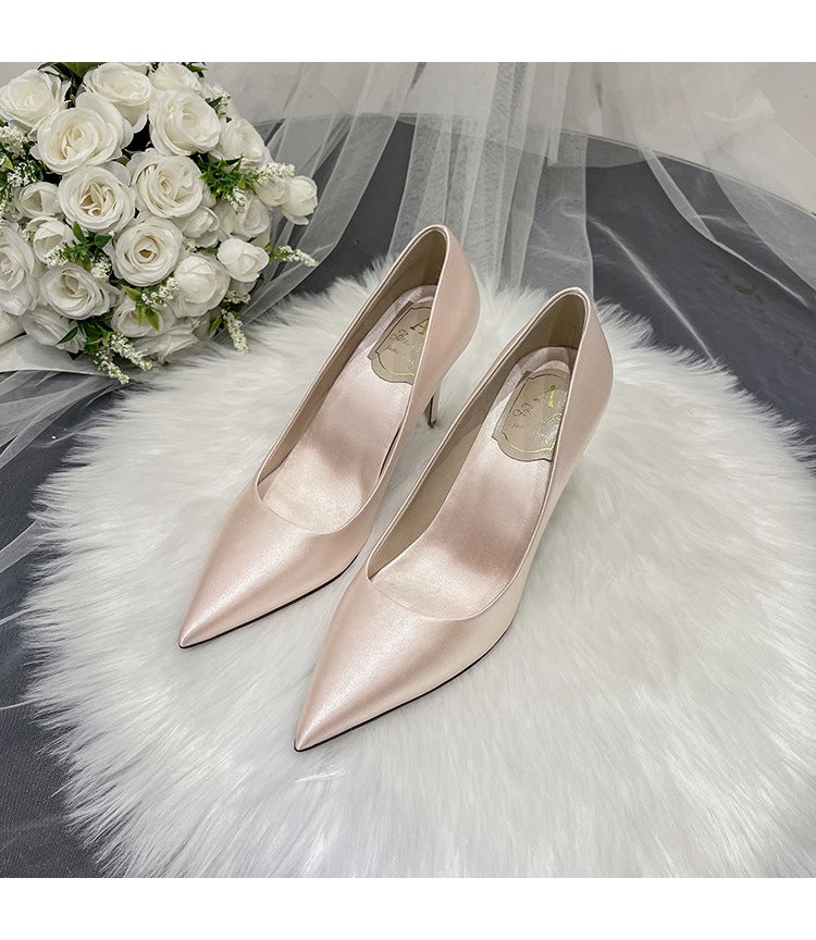 2026 New Style Bridesmaid Pointed Toe Shoes Stiletto Evening High Heels White Satin Bridal Shoes Wedding Shoes - Image 1