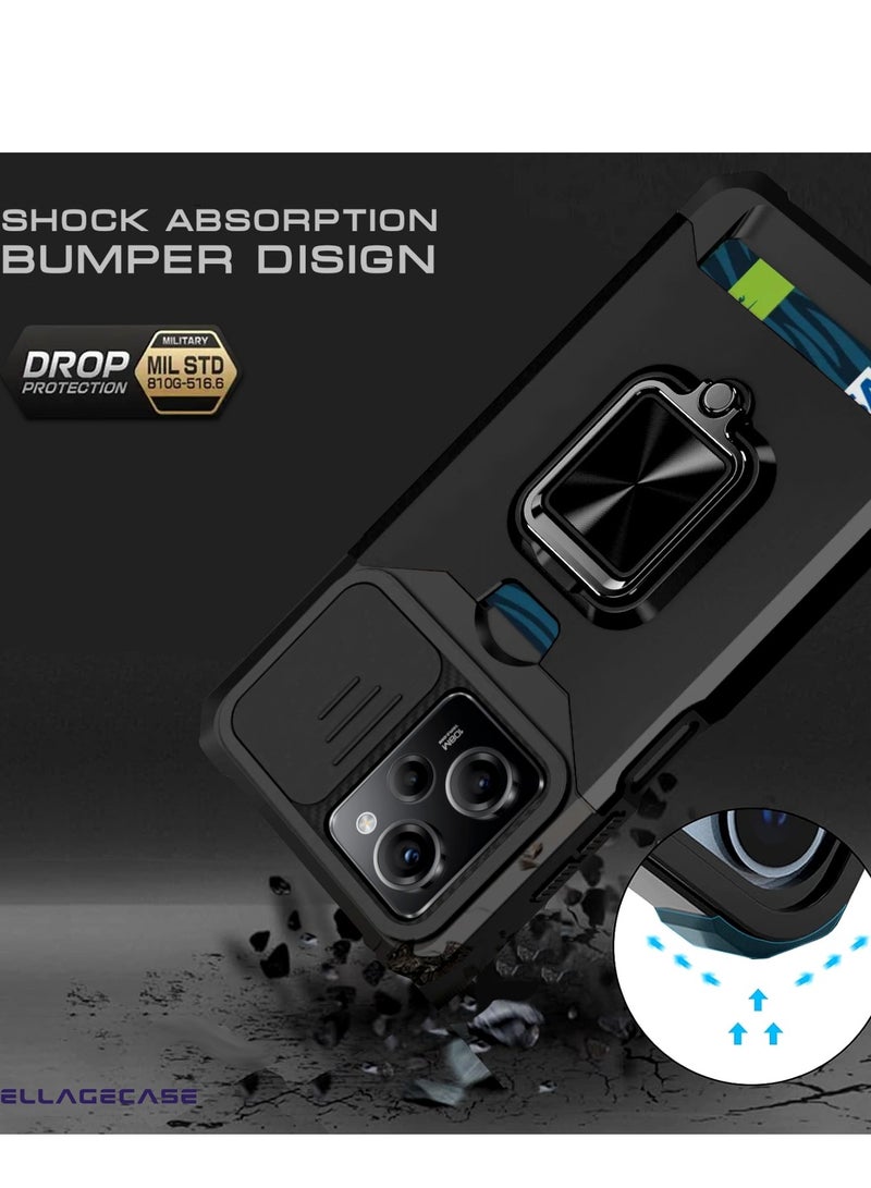 ELLAGECASE حافظة مقاومة للصدمات مع فتحة بطاقة، قاعدة وحماية كاميرا قوية لهاتف Xiaomi Redmi Note 12 5G / Xiaomi Poco X5 5G – تشمل لوحة معدنية مخفية - Image 2