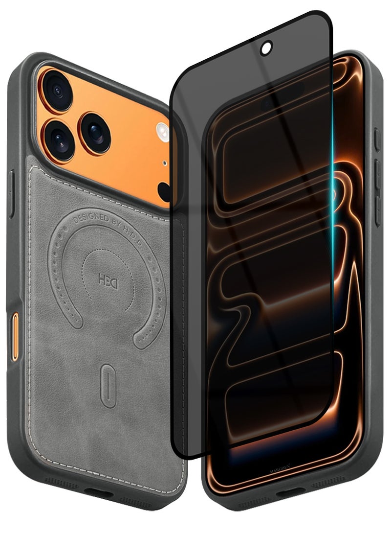 HDD Premium Leather Case and Screen Protector Compatible with iPhone 17 Pro Max, Slim MagSafe Shockproof Protective Cover with Metallic Camera Ring & Tactile Buttons – Grey - Image 2