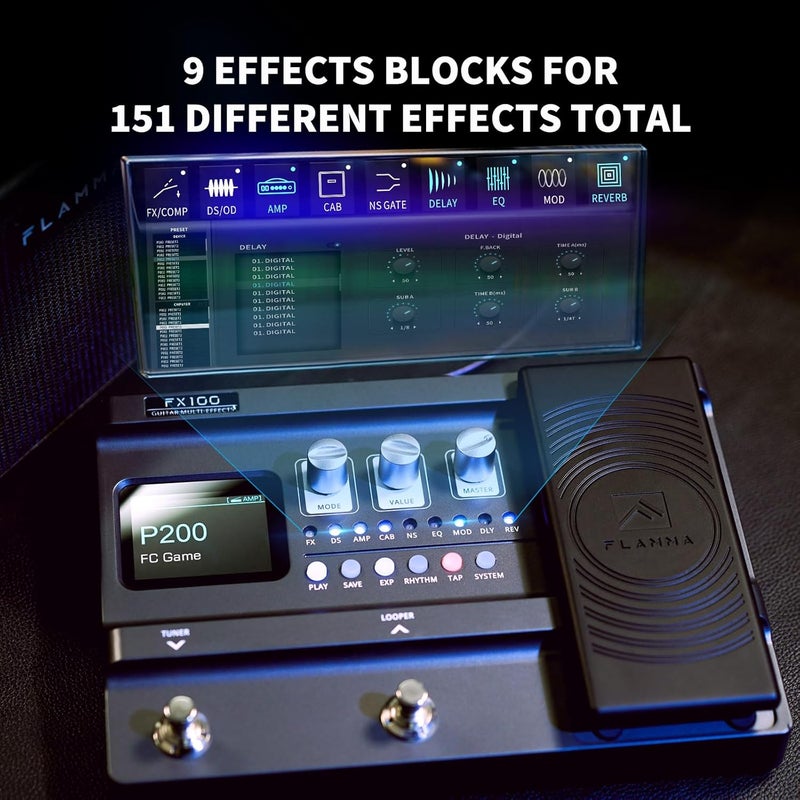 FLAMMA FX100 Guitar Multi-effects Pedal with 55 Amp Models 151 Built-in Effects 80' Looper 40 Drum Machine 10 3rd Party IR Slots Headphone OTG for Home Practice Performance Live Streaming - Image 3