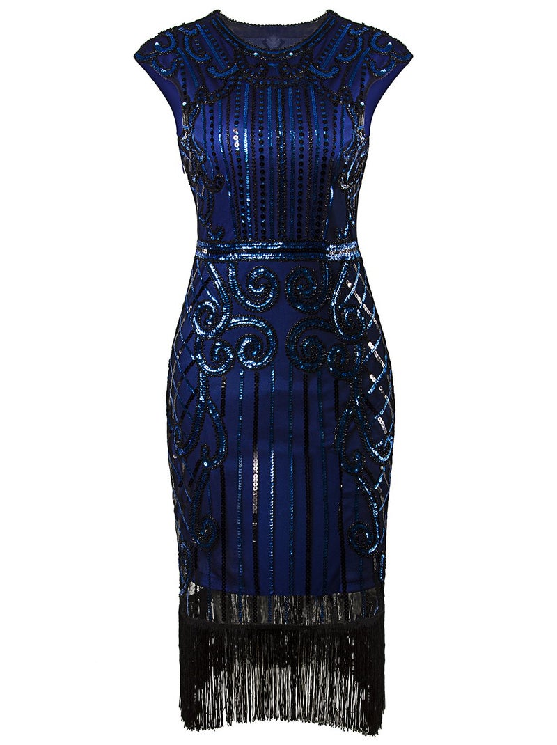 Vijiv 1920s Vintage Inspired Sequin Embellished Fringe Long Gatsby Flapper Dress,Blue,X-Large - Image 1