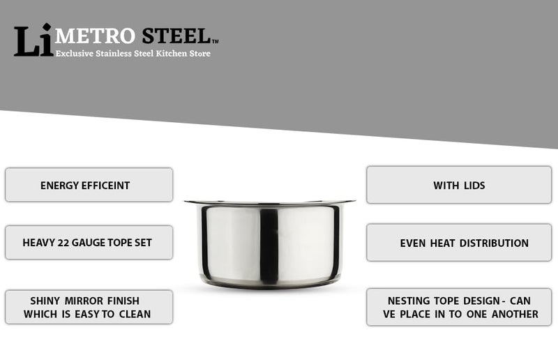 LiMETRO STEEL Set Of 5 Solid Stainless Steel Tope Set With LidCookware Set With Lid Capacity 1L 15L 2L 25L 3L