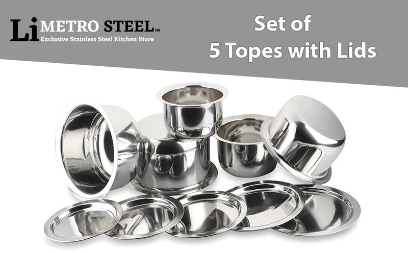 LiMETRO STEEL Set Of 5 Solid Stainless Steel Tope Set With LidCookware Set With Lid Capacity 1L 15L 2L 25L 3L