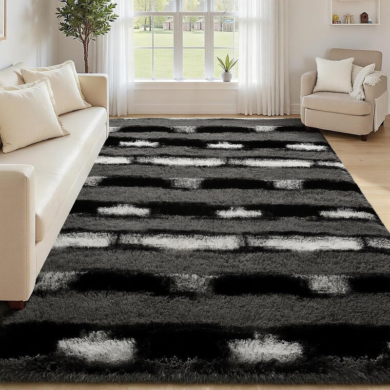 FALARK Fluffy Area Rugs for Bedroom Living Room, 4x6 Black and Grey Soft Plush Striped Rug, Modern Indoor Non Slip Washable Carpet, Furry Throw Carpets for Home Decor - Image 4