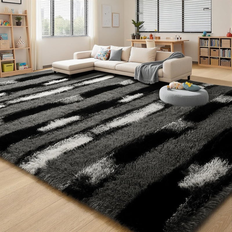 FALARK Fluffy Area Rugs for Bedroom Living Room, 4x6 Black and Grey Soft Plush Striped Rug, Modern Indoor Non Slip Washable Carpet, Furry Throw Carpets for Home Decor - Image 2