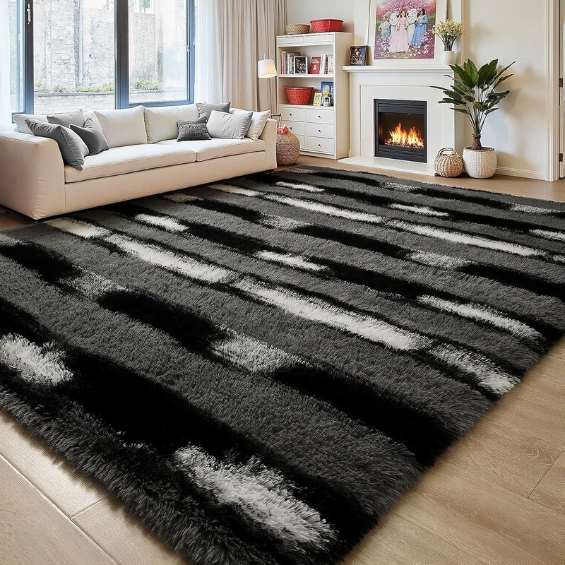 FALARK Fluffy Area Rugs for Bedroom Living Room, 4x6 Black and Grey Soft Plush Striped Rug, Modern Indoor Non Slip Washable Carpet, Furry Throw Carpets for Home Decor - Image 1