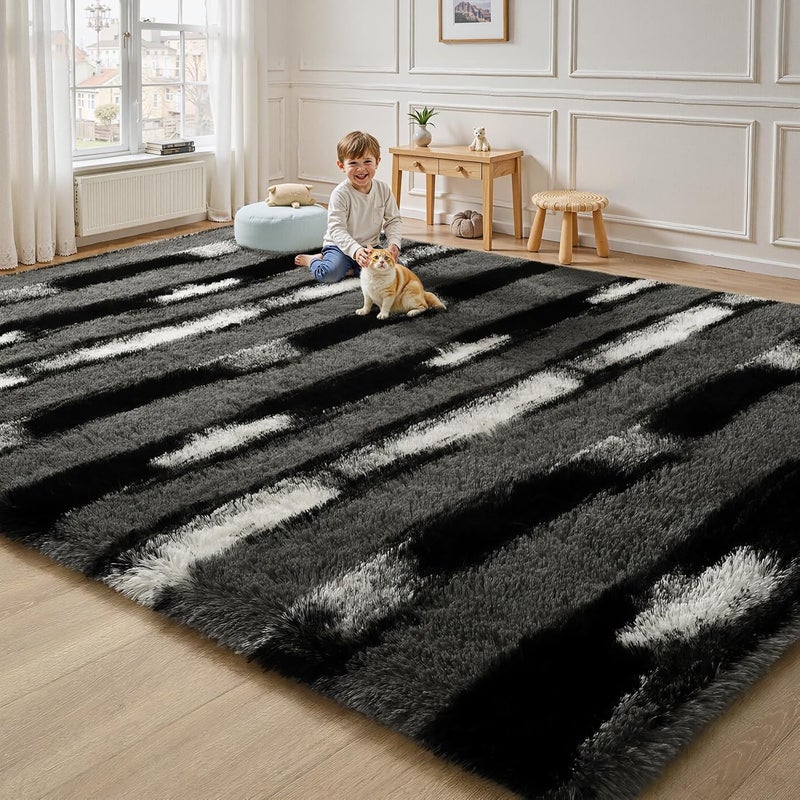 FALARK Fluffy Area Rugs for Bedroom Living Room, 4x6 Black and Grey Soft Plush Striped Rug, Modern Indoor Non Slip Washable Carpet, Furry Throw Carpets for Home Decor - Image 3