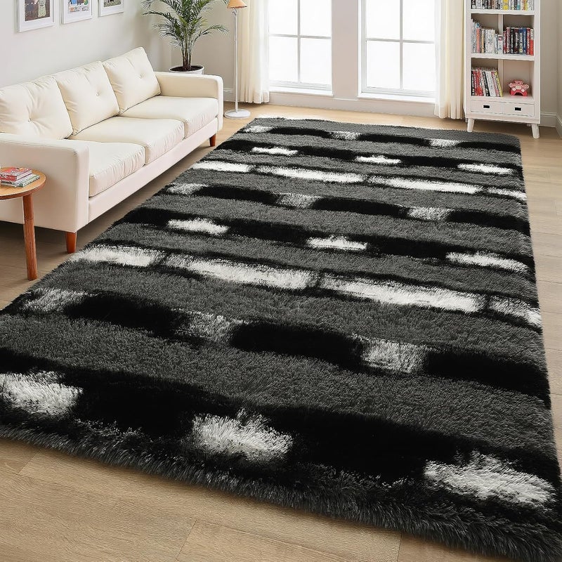 FALARK Fluffy Area Rugs for Bedroom Living Room, 4x6 Black and Grey Soft Plush Striped Rug, Modern Indoor Non Slip Washable Carpet, Furry Throw Carpets for Home Decor - Image 5