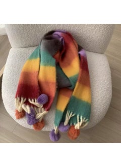 Striped Mohair Scarf Rainbow Tassel Shawl rainbow colored fur ball