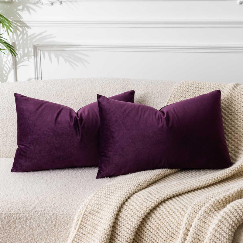 JUSPURBET Couch Pillow Covers Set of 2 Decorative Velvet Throw Pillow Covers for Living Room Bedroom Home Decor Soft Lumbar Cushion Covers with Hidden Zipper for Sofa Bed,Eggplant Purple,12x20 inch - Image 1
