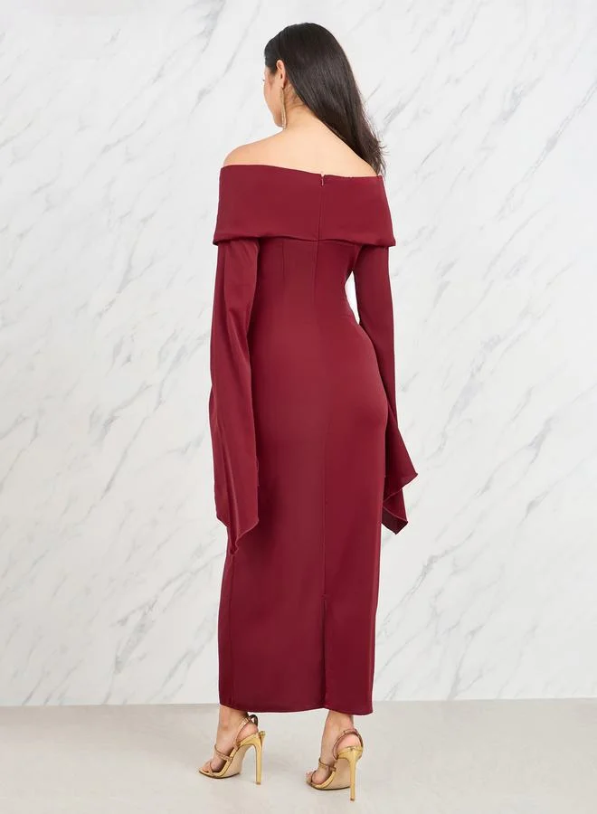 Styli Off Shoulder Wide Flared Sleeves Shift Maxi Dress