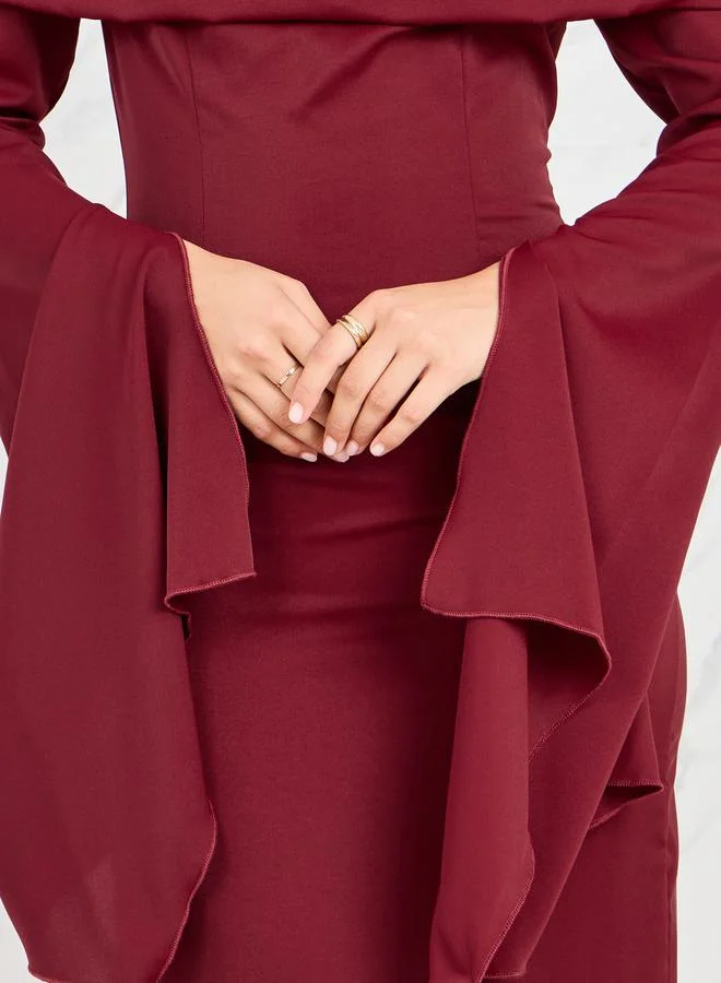 Styli Off Shoulder Wide Flared Sleeves Shift Maxi Dress