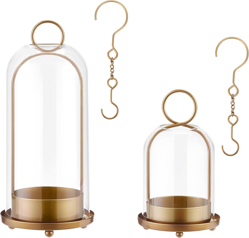 Gdfmsc Hurricane Metal & Glass Candle Holder Gold Set of 2, Decorative Candlestick Pillar Candle Holder with Clear Glass for Wedding Party Christmas Holiday Dining Table Centerpiece Lanter - Image 1