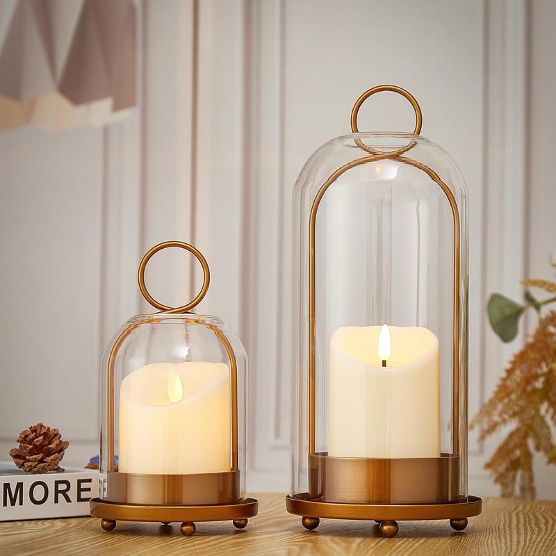 Gdfmsc Hurricane Metal & Glass Candle Holder Gold Set of 2, Decorative Candlestick Pillar Candle Holder with Clear Glass for Wedding Party Christmas Holiday Dining Table Centerpiece Lanter - Image 2