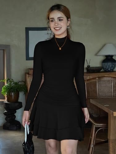 LAGSHIAN Women's High Neck Ruffle Hem Mini Dress Long Sleeve Ruched Short Club Party Dresses Black - Image 2