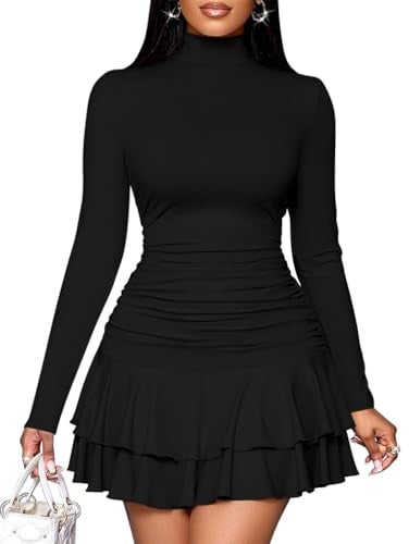 LAGSHIAN Women's High Neck Ruffle Hem Mini Dress Long Sleeve Ruched Short Club Party Dresses Black - Image 1