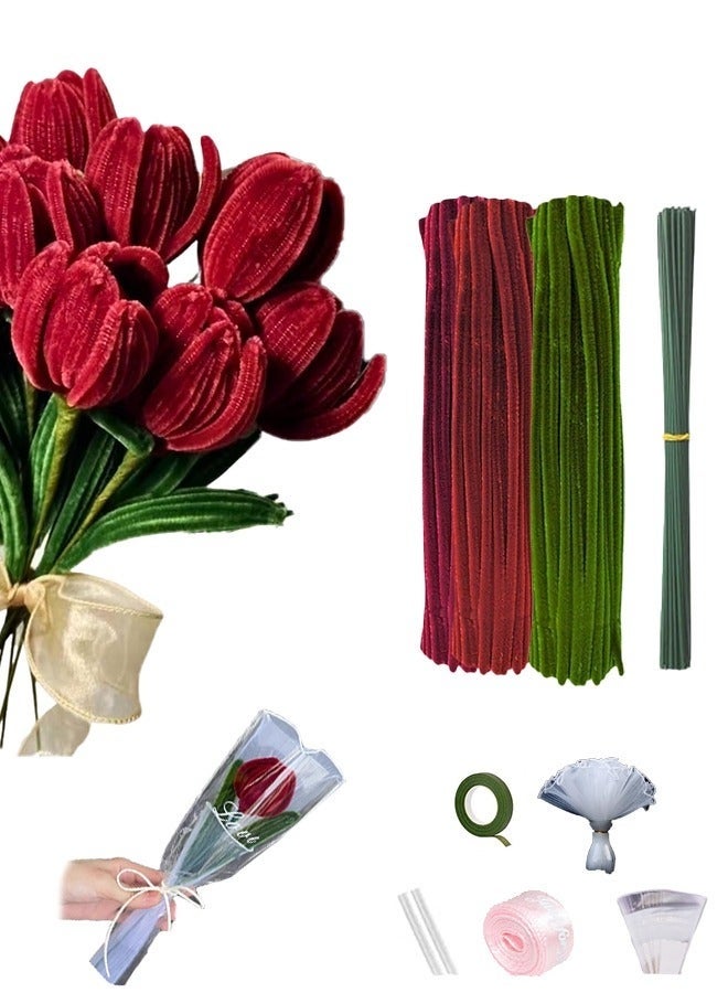 كيلا منظفات أنابيب الورد للحرف اليدوية، منظفات أنابيب التوليب للحرف اليدوية، منظفات أنابيب خضراء وحمراء بطول 30 سم، أعواد ناعمة، أدوات حرفية، سيقان من الشنيل مع عمود زهور، قلب زهرة وشريط بستنة، فنون وحرف يدوية (8 زهور) - Image 1