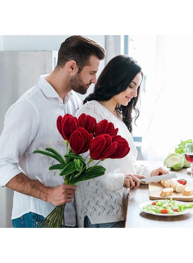 كيلا منظفات أنابيب الورد للحرف اليدوية، منظفات أنابيب التوليب للحرف اليدوية، منظفات أنابيب خضراء وحمراء بطول 30 سم، أعواد ناعمة، أدوات حرفية، سيقان من الشنيل مع عمود زهور، قلب زهرة وشريط بستنة، فنون وحرف يدوية (8 زهور) - Image 4