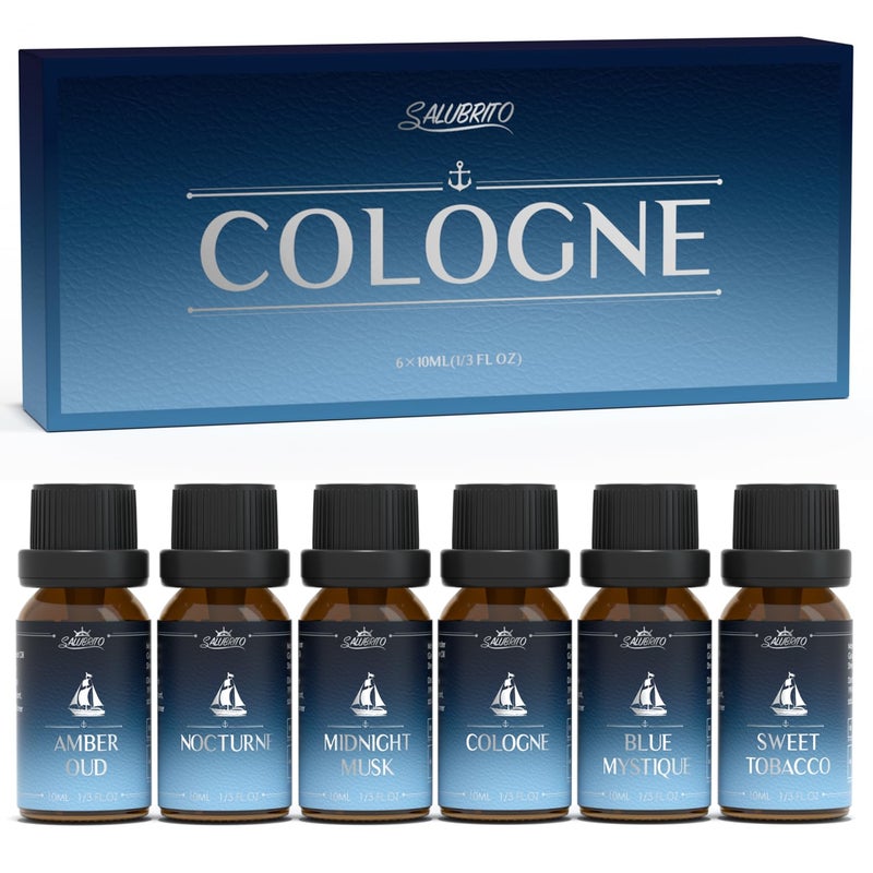 SALUBRITO Cologne Fragrance Oils, Premium Essential Oil Set for Diffuser, Soap, Candle Making Scents, Amber Oud, Midnight Musk, Blue Mystique, Sweet Tobacco, Nocturne, Cologne - Image 1