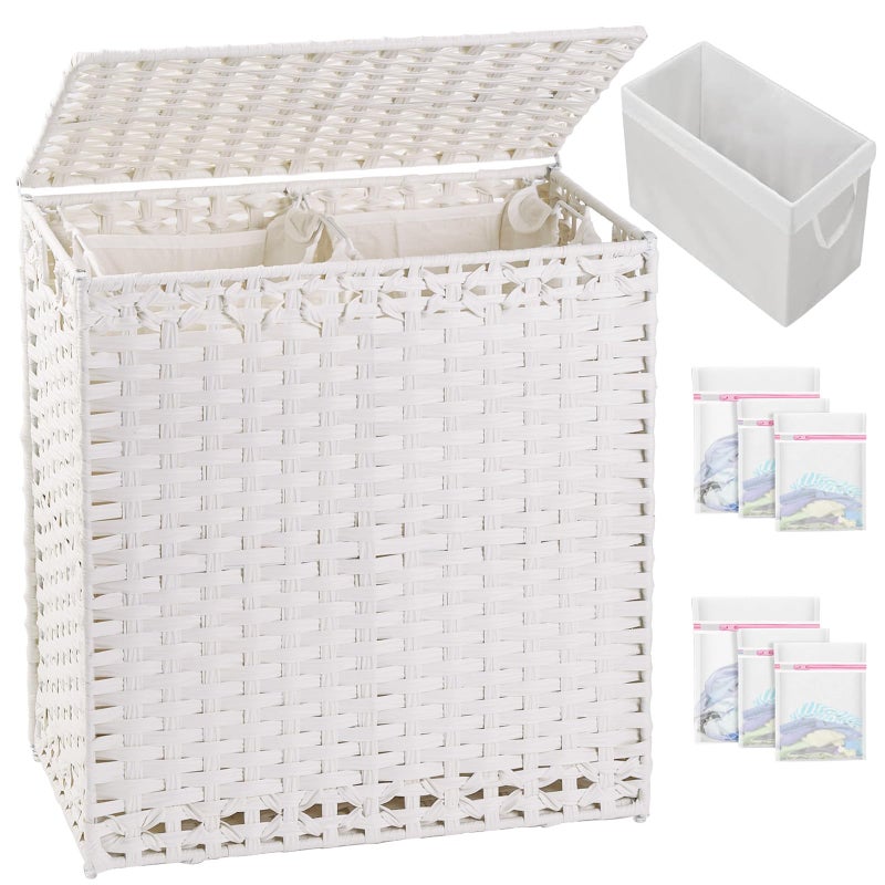 SETVSON Laundry Hamper with Lid Wicker Laundry Basket 112 L (29.6 Gal) Laundry Hampers Handwoven Rattan Clothes Hamper with Handles 3 Removable Liner Bag, 6 Mesh Bags for Bathroom Bedroom White - Image 1
