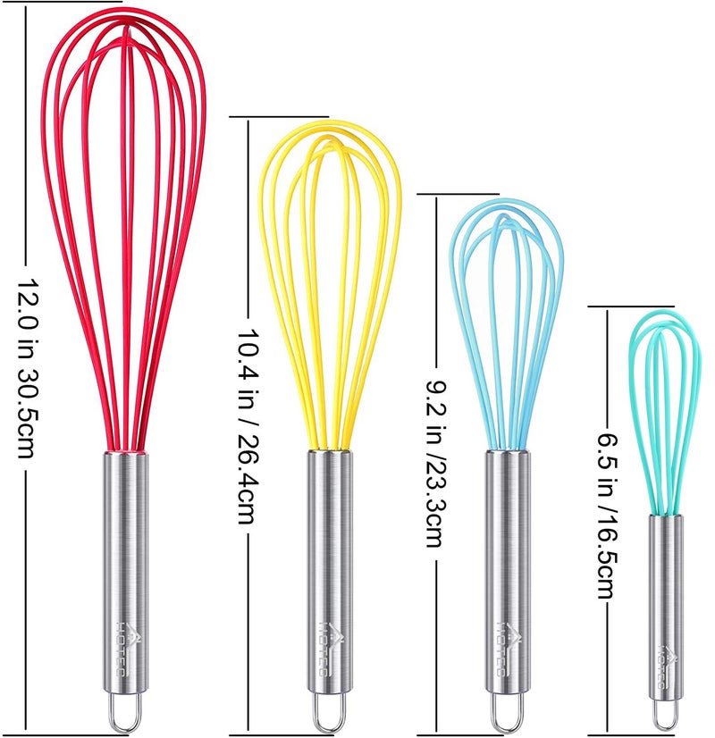 HOTEC 4 Pieces Silicone Whisks Set, Wire Balloon Whisks for cooking Egg Beater, Non-slip Handle Whisk for Non-stick Cookware Perfect for Cooking, Stirring, Beating and Blending (Multicolor) - Image 3