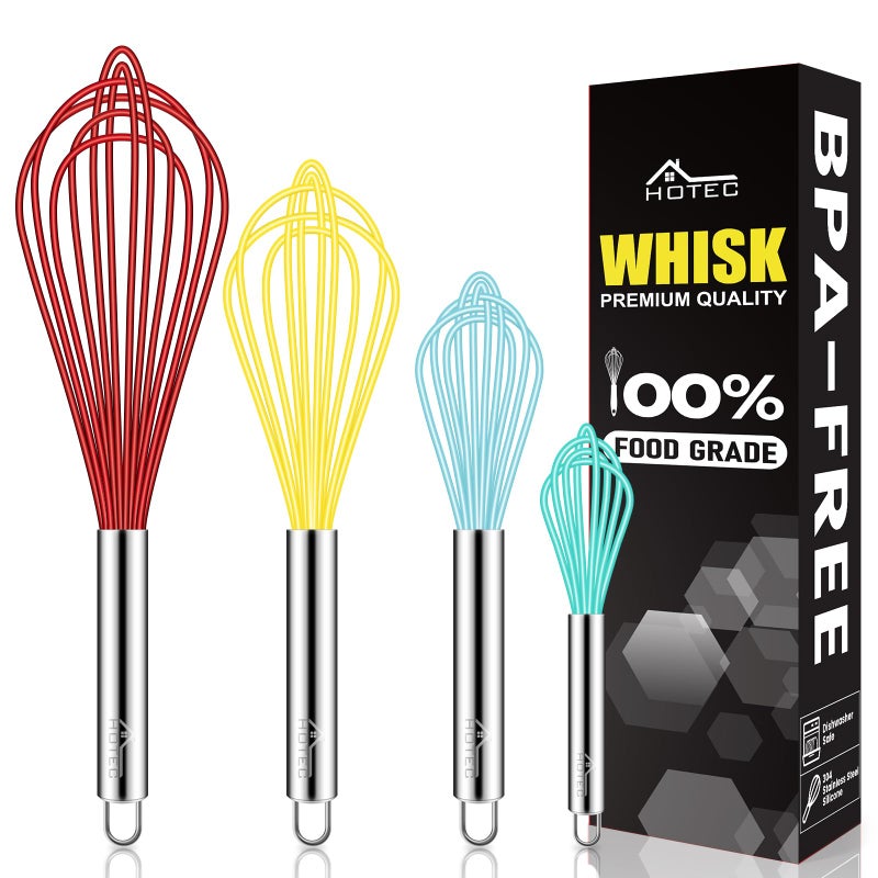 HOTEC 4 Pieces Silicone Whisks Set, Wire Balloon Whisks for cooking Egg Beater, Non-slip Handle Whisk for Non-stick Cookware Perfect for Cooking, Stirring, Beating and Blending (Multicolor) - Image 1