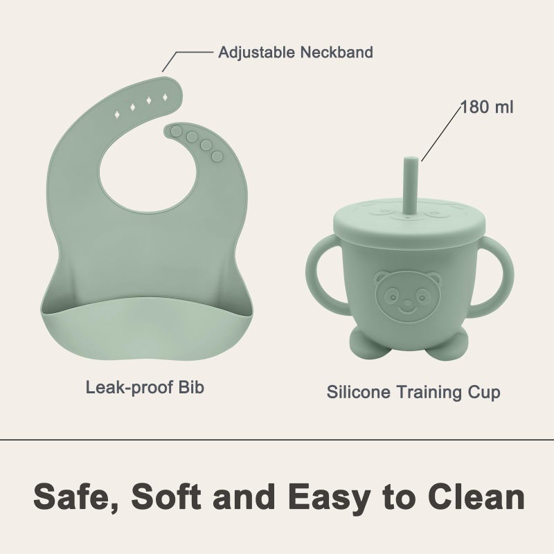 Munlinder Silicone Baby Feeding Set | Baby Led Weaning Supplies Includes Suction Bowls and Divided Plates, Adjustable Bib, Baby Utensils Spoons and Forks,Cup | Baby Feeding Essentials (Light Green) - Image 5
