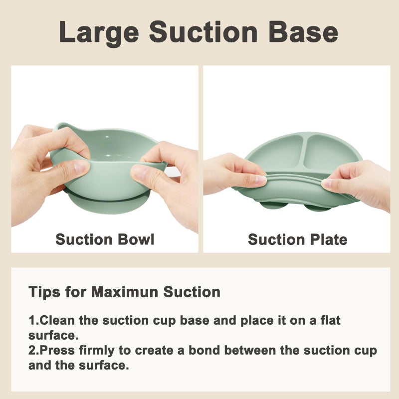 Munlinder Silicone Baby Feeding Set | Baby Led Weaning Supplies Includes Suction Bowls and Divided Plates, Adjustable Bib, Baby Utensils Spoons and Forks,Cup | Baby Feeding Essentials (Light Green) - Image 4