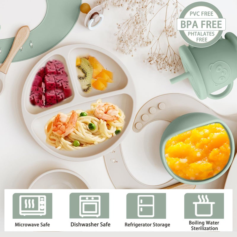 Munlinder Silicone Baby Feeding Set | Baby Led Weaning Supplies Includes Suction Bowls and Divided Plates, Adjustable Bib, Baby Utensils Spoons and Forks,Cup | Baby Feeding Essentials (Light Green) - Image 3