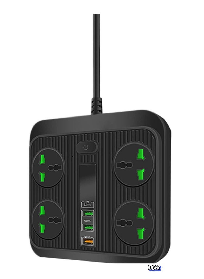 2025 Latest Power Strip Surge Protector, 4 AC Outlets, 3 USB Charging Ports, 1 USB-C Port with 40W PD QC3.0, 3000W High Power, 6 Ft Long Extension Cord for Smartphones, Tablets, Home, Office, and Hotel Use – Black