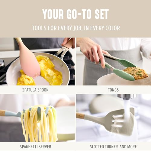 GreenLife 11 Piece Silicone Utensil Crock Set, Nonstick Kitchen Tools, Ladle, Turner, Slotted Turner, Spatula, Spoon, Spaghetti Server, Brush, Whisk, Tongs, Crock, Cream White - Image 2
