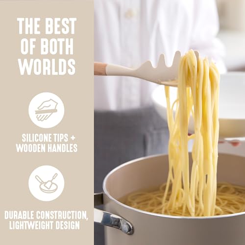 GreenLife 11 Piece Silicone Utensil Crock Set, Nonstick Kitchen Tools, Ladle, Turner, Slotted Turner, Spatula, Spoon, Spaghetti Server, Brush, Whisk, Tongs, Crock, Cream White - Image 3