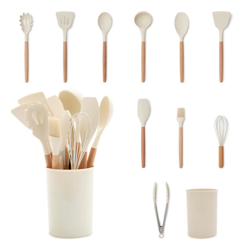 GreenLife 11 Piece Silicone Utensil Crock Set, Nonstick Kitchen Tools, Ladle, Turner, Slotted Turner, Spatula, Spoon, Spaghetti Server, Brush, Whisk, Tongs, Crock, Cream White - Image 4