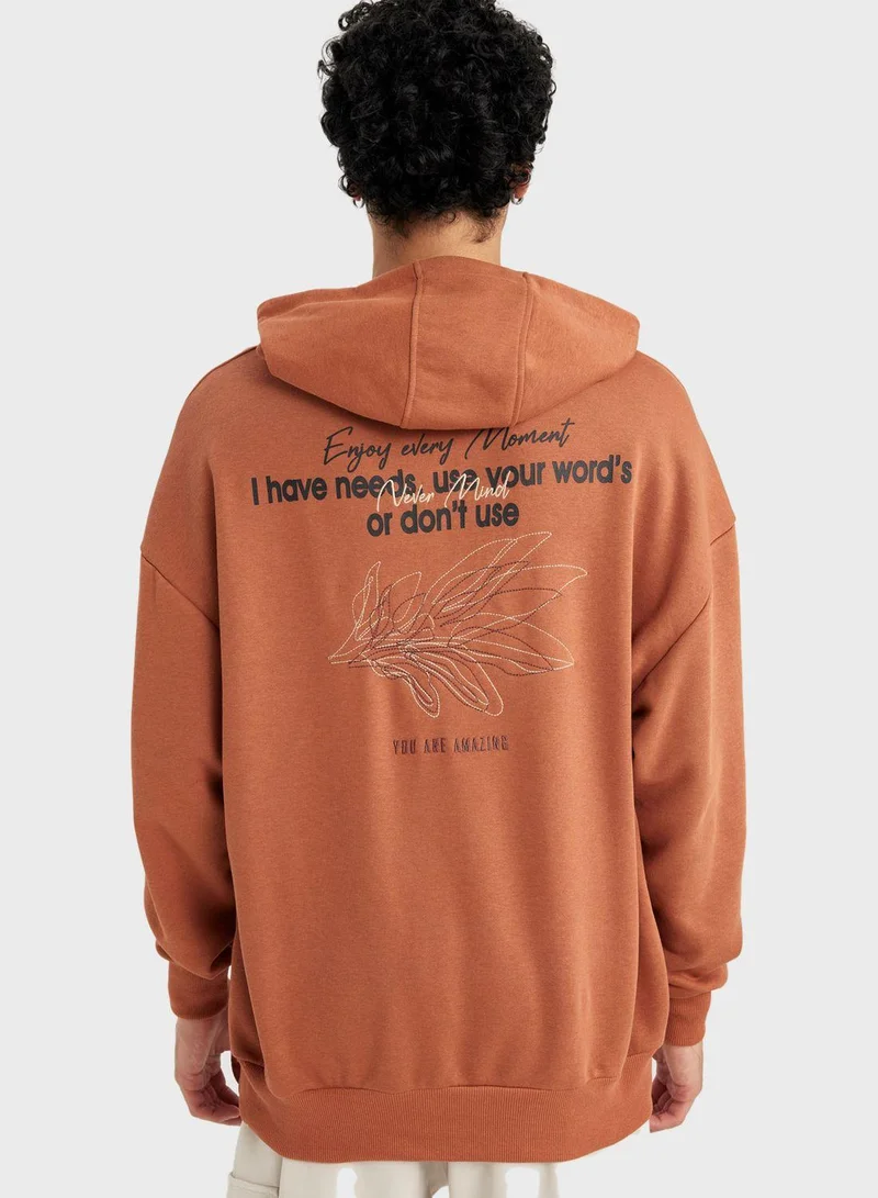 DeFacto Embroidered Slogan Hoodie