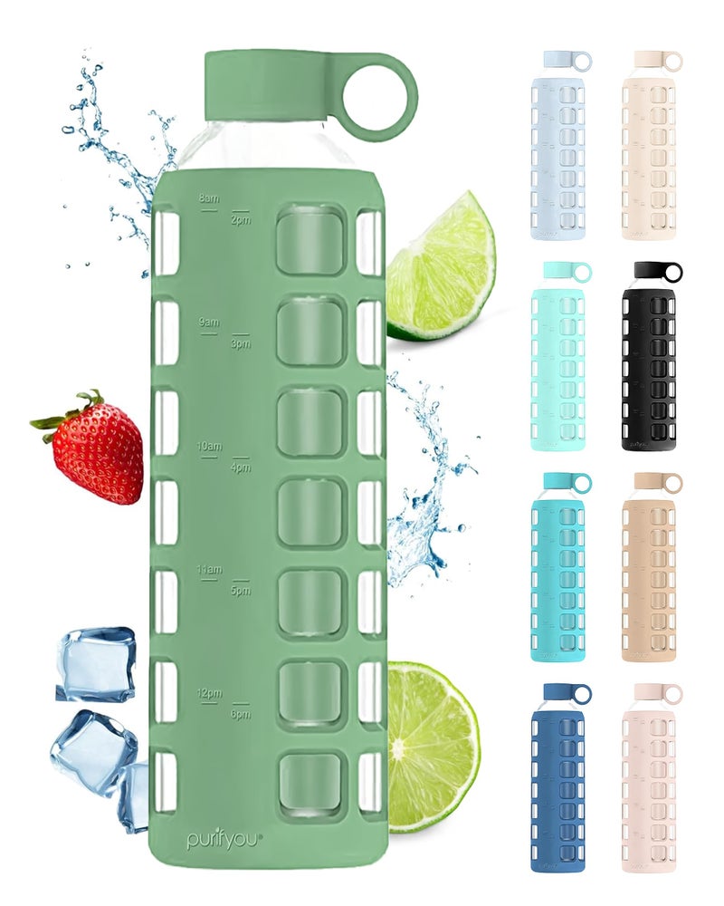 purifyou 40322212 oz Borosilicate Glass Water Bottles with Volume Markers Silicone Sleeve Stainless Steel Lid Reusable Bottle for Water Juice Gym and Fridge Storage 32oz Shale Green