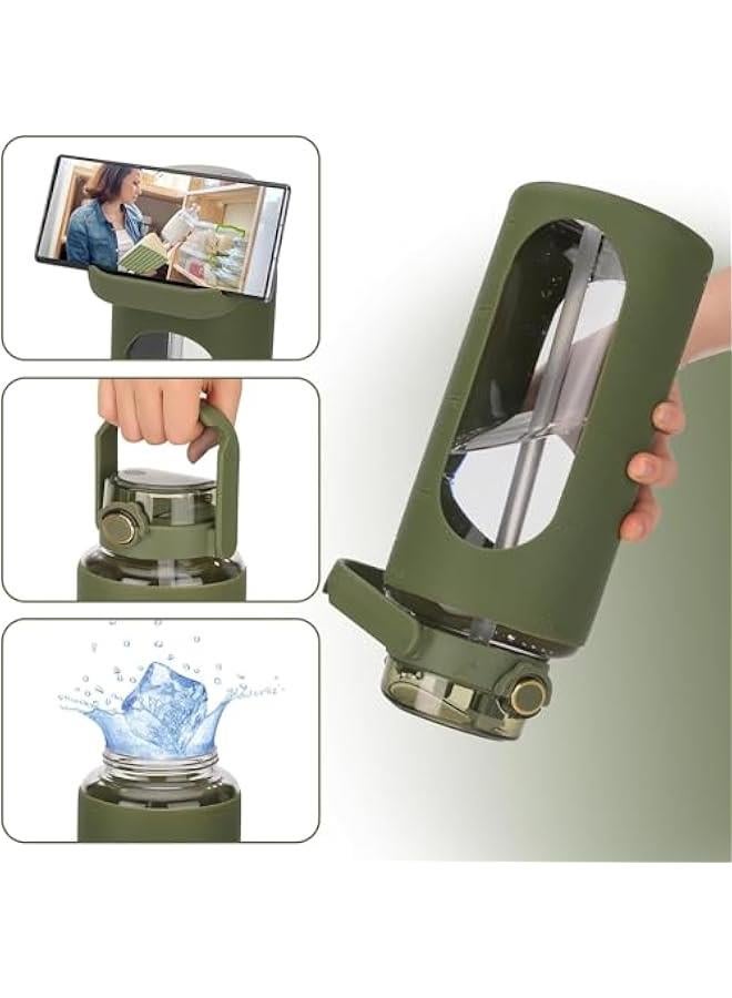 MIXDE Glass Water Bottle with Straw, Motivational 64oz Glass Bottle with Silicone Sleeve and Time Marker, Reusable Large Sports Water Jug for Indoor and Outdoor Sports (Green) - Image 5