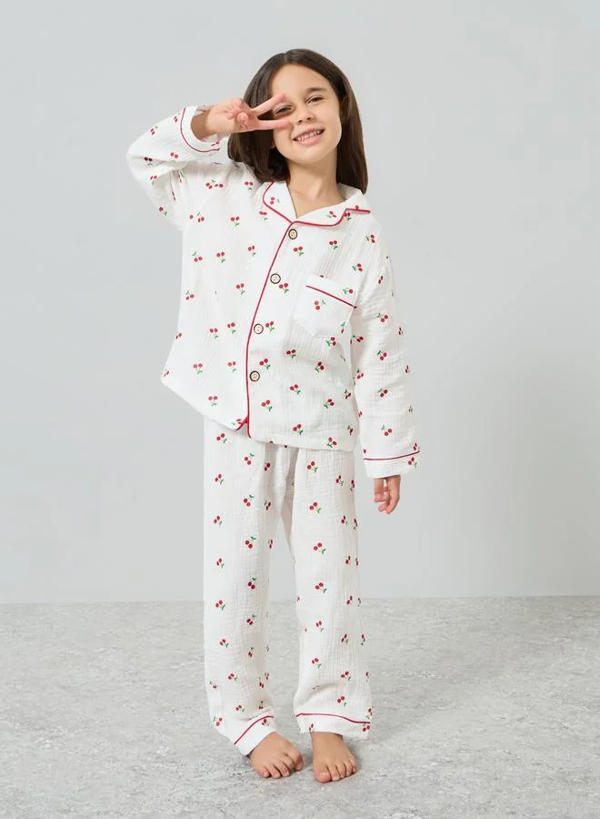 Styli Styli Girls Cherry Print Shirt and Pyjama Set