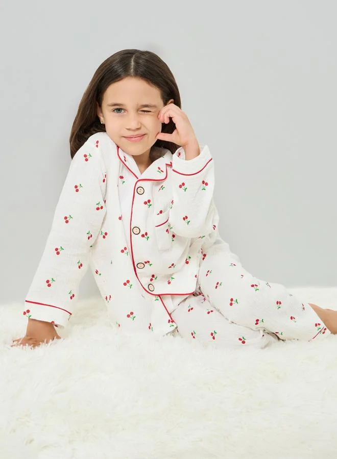 Styli Styli Girls Cherry Print Shirt and Pyjama Set